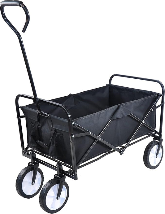 Collapsible Folding Wagon Garden Beach Cart,Heavy Duty Utility Buggy with Big Wheels,Adjustable Handle and 2 Cup Holders,for Sand,Camping,Garden,Outdoor,39.37",Black
