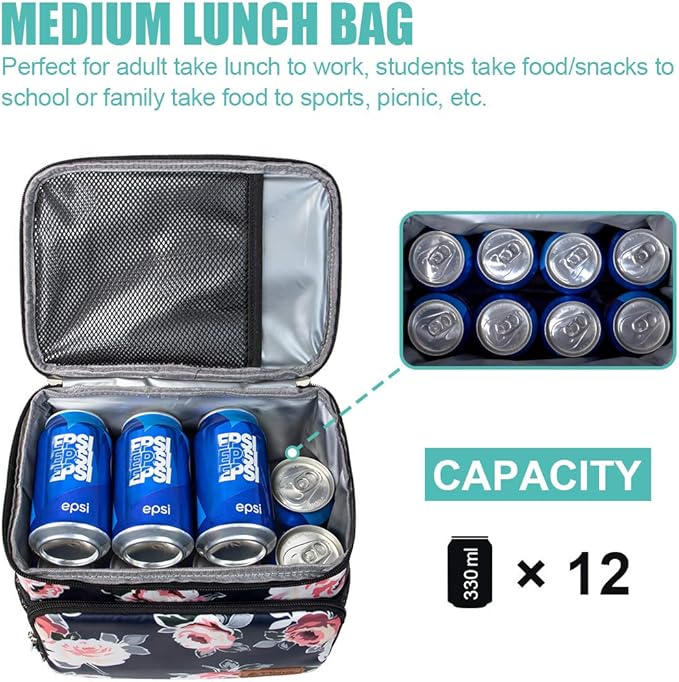 Tiblue Insulated Lunch Bag for Women/Men, Reusable Lunch Box for Office Work School Picnic Beach, Leakproof Freezable Cooler Bag with Adjustable Shoulder Strap for Kids/Adult(Medium, Romantic Rose)