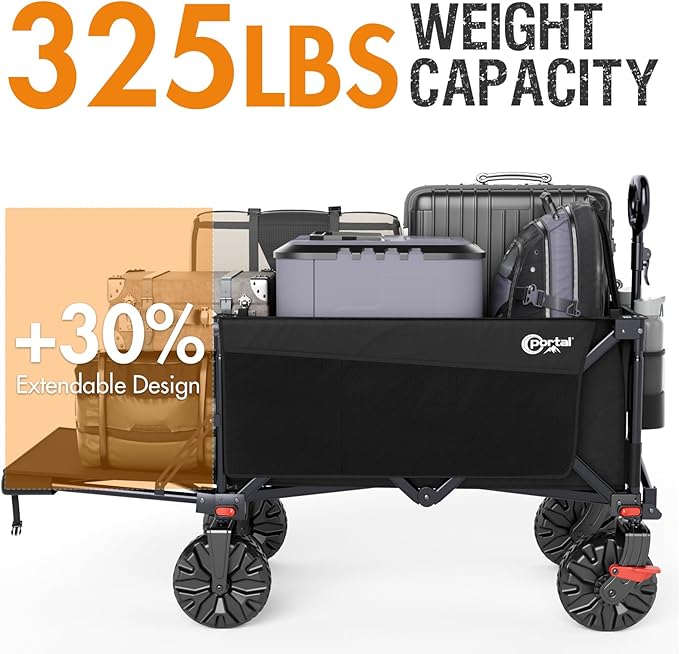 PORTAL 300L Large Capacity Foldable Wagon with Tailgate, 325LB Heavy-Duty Collapsible Utility Cart, All-Terrain Wheels & Brakes, Oversized Garden Wagon for Camping, Groceries, Sports, and Pets