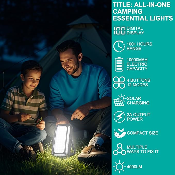 Rechargeable Camping Lantern, 10000 mAh Dimmable Camp Lights with 12 Modes, 4000LM LCD Display Tent Light for Power Outages, Hurricane, Hiking, Fish, Emergency, Home Use