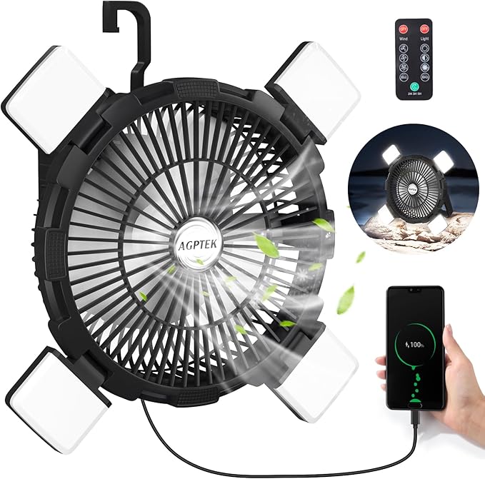 AGPTEK Portable Outdoor Fan - 8000mAh Rechargeable Battery with LED Light Lantern & Hook, Ideal for Picnics, BBQ, Fishing, Travel & Camping