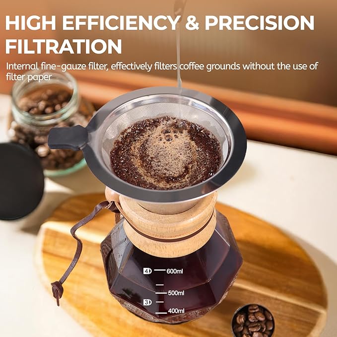 Pour Over Coffee Maker 600ml with 304 Stainless Steel Filter and Wooden Collar Holder Borosilicate Glass Drip Coffeemaker Server Set Clear Hand Brew Dripper Carafe for Home Camping Travel 20.3oz