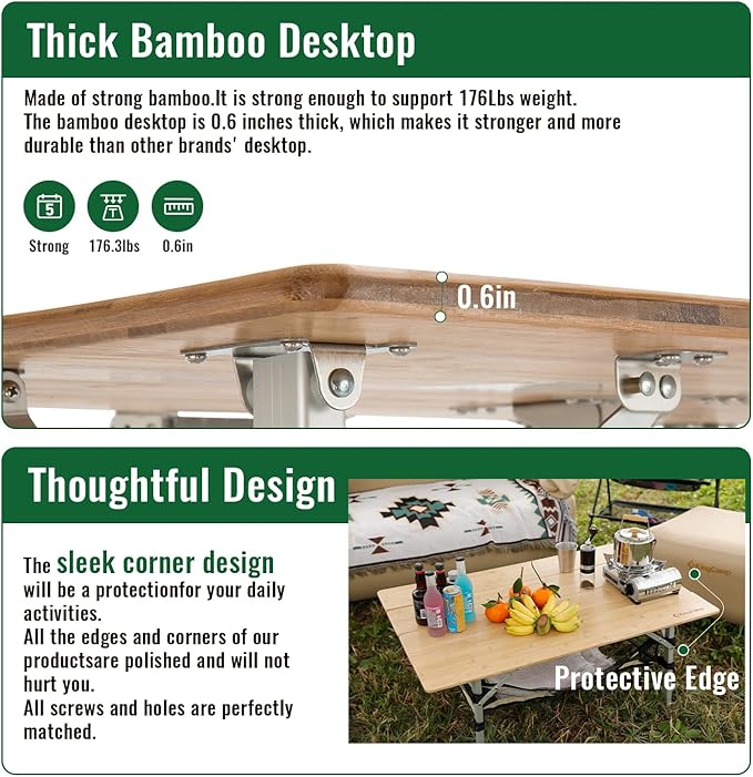 KingCamp Adjustable Height Folding Table, 4-Fold Bamboo Camping Outdoor Portable RV Camp Table with Carry Bag & Storage for Outdoor Car Backyard Picnic Tailgating Beach