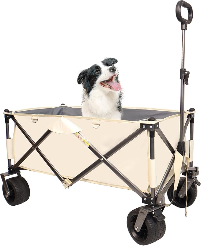 Collapsible Folding Wagon with Big Wheels,Heavy Duty Utility Beach Buggy Cart w/Adjustable Handle and Drink Holder,for Sand,Shopping,Camping,Garden,Outdoor,38",White