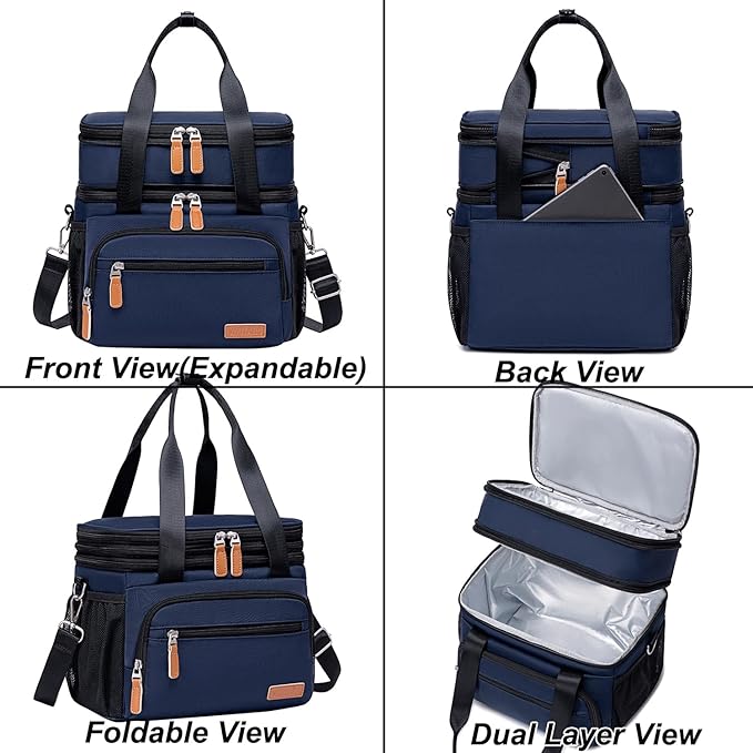 Weitars Insulated Lunch Box for Women Men-Dual Compartment Waterproof Reusable Large Lunch Bag Wide-Open Tote Cooler Bag for Working Picnic Hiking (15L) (Blue)