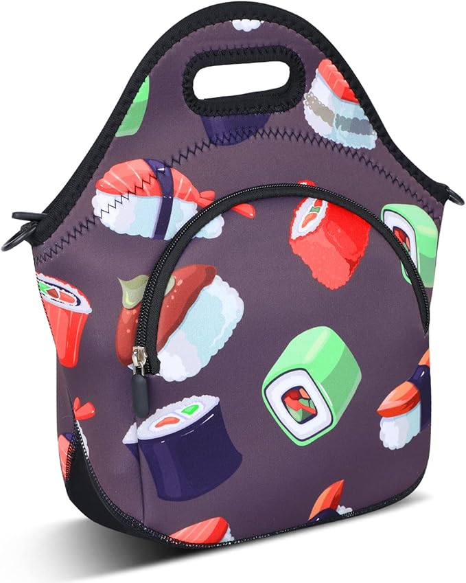 Violet Mist Womens Sushi Lunch Bag Neoprene Insulated Lunch Bag Tote Cute Cartoon Handbag Large with Pocket Detachable Adjustable Shoulder Colorful