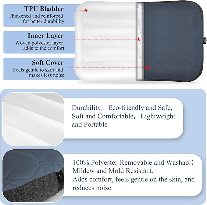 Camping Pillow with Removable Cover Large Size 24“ x 15" - Ultralight Inflatable Pillow for Camping Lightweight, Ergonomic and Washable for Camping, Hiking, and Travel Gray