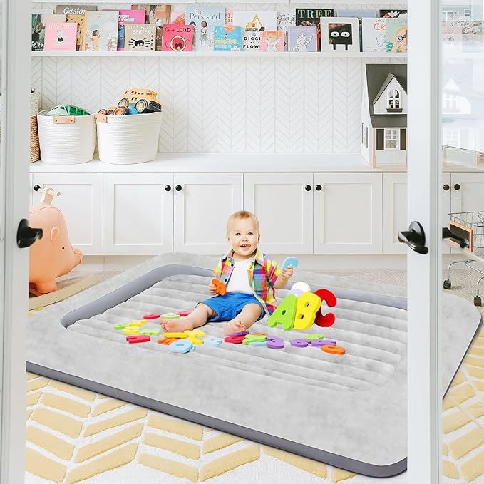 Air Mattress for Kids：Portable Fast Kid air Mattress, Portable Toddler Inflatable Travel Bed, Surface with Plush Smooth Comfortable Ideal for Living Room, Room and Outdoor Camping use（Gray）