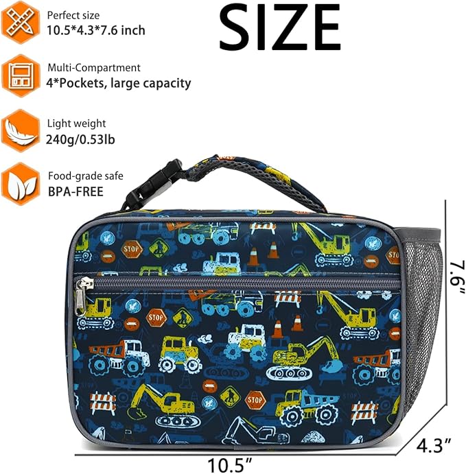 Insulated Lunch Box for School, Thermal Reusable Durable Freezable Lunch Bags for Kids Boys Girls Men Women - Small Soft Cooler Portable Lunch Tote Kit for Work Picnic Travel,Excavator