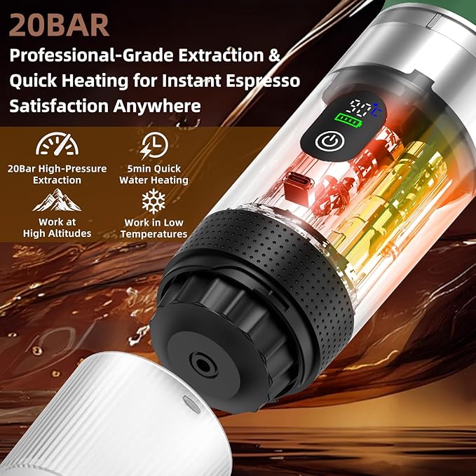 Portable Coffee Maker for Travel & Camping, Portable Espresso Maker for Travel, Rechargeable Cordless Battery Operated Coffee Makers for Ground Coffee, NS Capsule RV, Hiking, Office(Green)