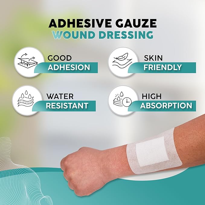 Elleirb Water-Resistant Island Dressing 4x4, Non-Stick Pads w/Adhesive Border Bandages for Wounds | 60 Individually Packed Wound Care & Dressings, Sterile Highly Absorbent, Latex-Free First-Aid Kits