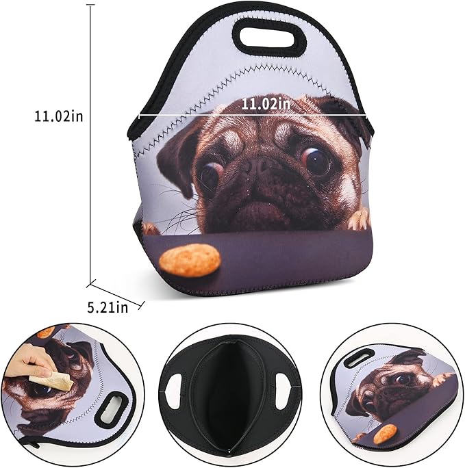 Violet Mist Cute Neoprene Lunch Bag Women Insulated Reusable Lunch Box Thick Pug lunchboxes Bags Thermal Dog Lunchbags Lightweight Food Handbags Container Picnic Outdoor Thanksgiving Christmas Gifts