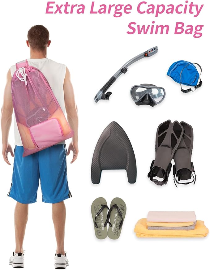 WANDF Swim Bag Foldable Mesh Drawstring Bag with Quick-dry Shoulder Strap Beach Backpack with Wet Pocket for Swimming, Gym, and Workout Gear (Pink Patent Pending)