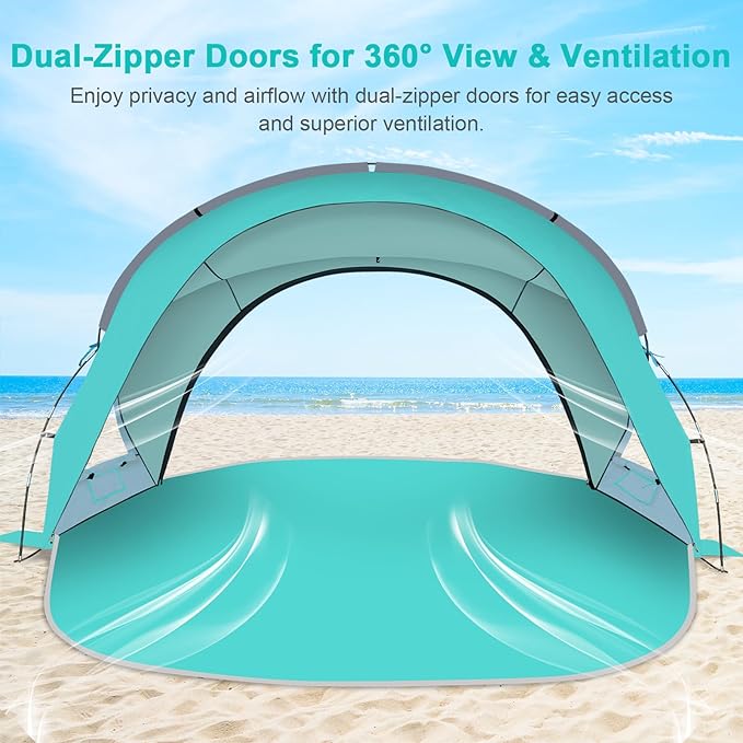 Gorich Beach Tent Sun Shelter with UPF50+ UV Protection for 3-6 Person, Lightweight & Portable Beach Shade Canopy with 2 Zippered Doors, Easy Setup Family Beach Umbrella