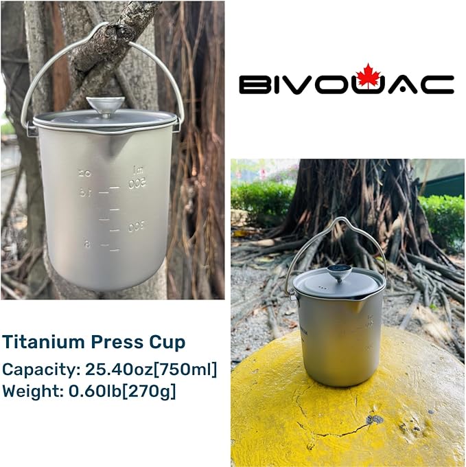 BIVOUAC 750ml Titanium Cup Camping Press Coffee Pot Outdoor French Press Pot Camping Cup 750ml Titanium Coffee Cup