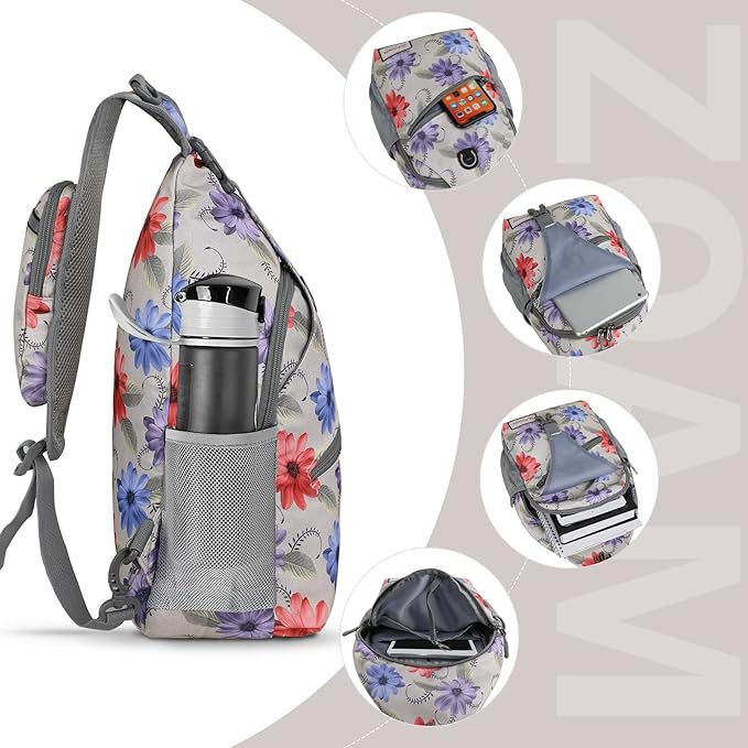 ZOMAKE Sling Bag for Women Men, Small Crossbody Sling Backpack, Mini Water Resistant Shoulder Daypack for Travel, Anti Thief Chest Bag for Hiking, Sports(Color Chrysanthemum)
