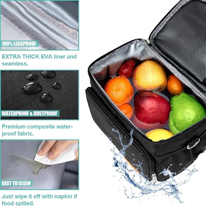 Tiblue Insulated Lunch Bag for Women/Men, Reusable Lunch Box for Office Work School Picnic Beach - Leakproof Freezable Cooler Bag with Adjustable Shoulder Strap for Kids/Adult(Medium,Black)