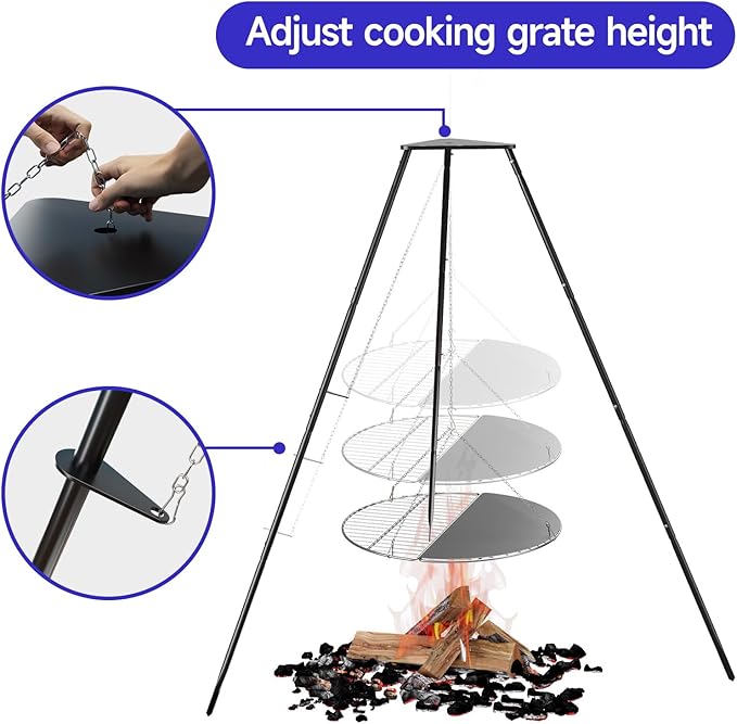 Tripod Cooker Campfire, Grill Grate with Adjustable Height for Cooking Over Fire & Collapsible Legs for Easy Storage