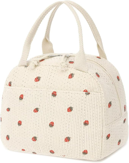 Lunch Bag, Beige Corduroy with Strawberry Pattern, Insulated Thermal Tote, Portable and Reusable Cooler for School or Work, 8.5L