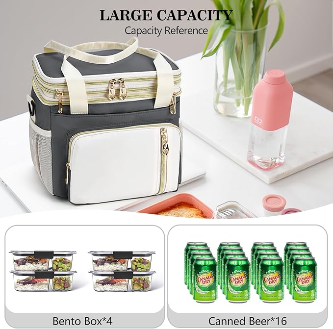 LOKASS Lunch Box for Women/Men-16L-Insulated Lunch Bag, Expandable Double-Layer Leakproof Cooler Bag with Upgrade Adjustable Shoulder Strap Ideal for Work/Travel/Picnics（Gray&White）