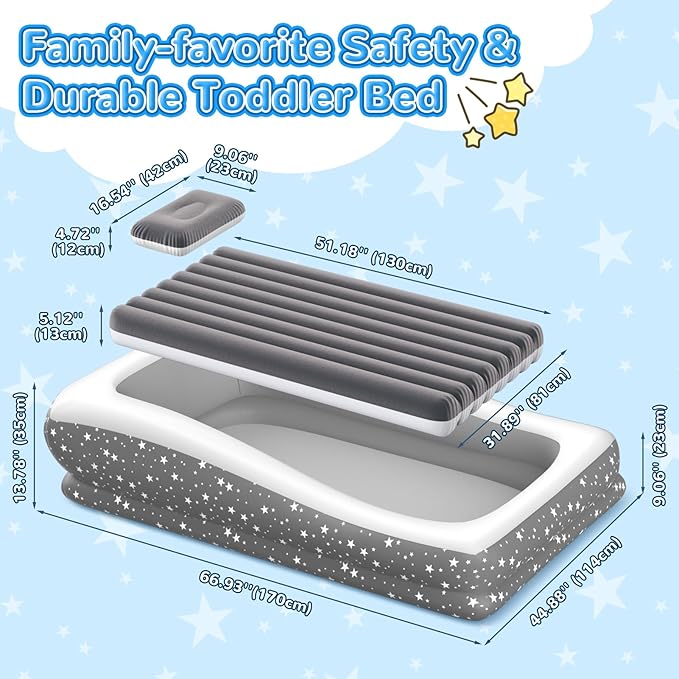 Inflatable Toddler Travel Bed: Portable & Safety - Blow Up Toddler Bed Travel with 4 Sides - Kids Air Mattress Ideal for Outdoor Camping - Easy to Inflate Deflate and Clean