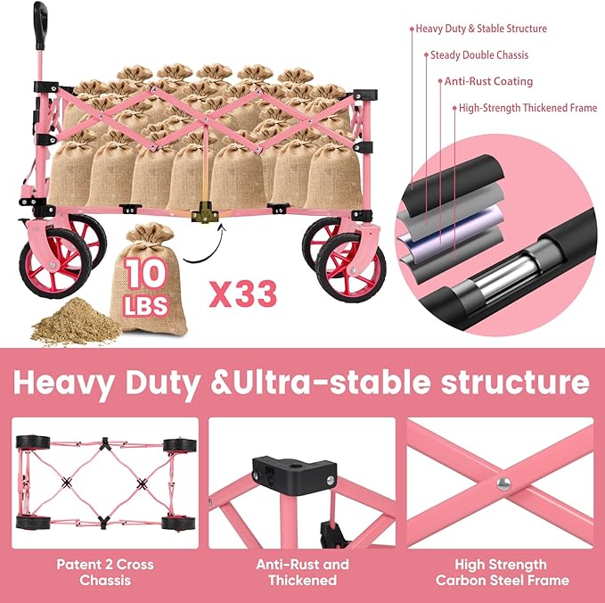Sekey 330lbs Collapsible Foldable Wagon with Large Capacity, Heavy Duty Folding Utility Garden Cart with Big All-Terrain Beach Wheels & Drink Holders. Barbie Pink