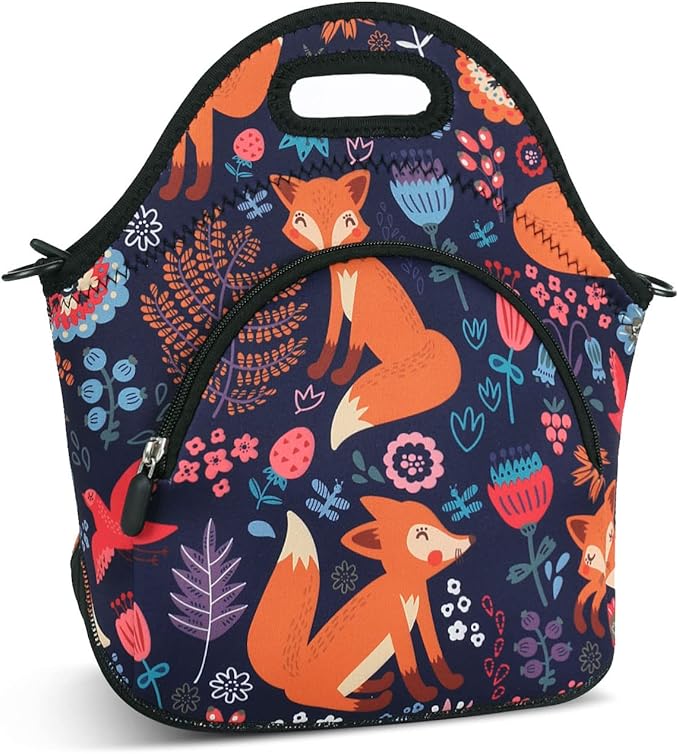 Violet Mist Neoprene Thermal Insulated Resuable Lunch Bag Tote Large with Extra Pocket Detachable Adjustable Shoulder Cute Fox Animal Cartoon Lunchbox Food Handbags Container for Women Christmas
