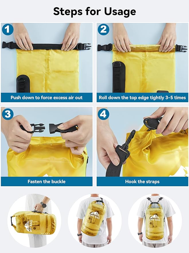 HEETA Waterproof Dry Bag with Phone Case Bundled with Upgraded Dry Bag with Zippered Pocket for Women & Men, Roll Top Lightweight Dry Storage Bag Backpack for Kayaking, Boating, Camping (Yellow 5L)