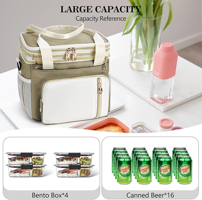 LOKASS Lunch Box for Women/Men-16L-Insulated Lunch Bag, Expandable Double-layer Leakproof Cooler Bag with Upgrade Adjustable Shoulder Strap Ideal for Work/Travel/Picnics（Beige&White）