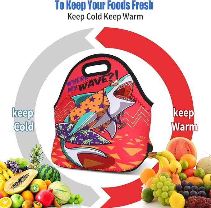 Violet Mist Pink Shark Neoprene Lunch Bag for Men Women Insulated Cute Lunch Box Tote Washable HandBags with Zipper for Adult Work Travel Picnic Thanksgiving Christmas Gift