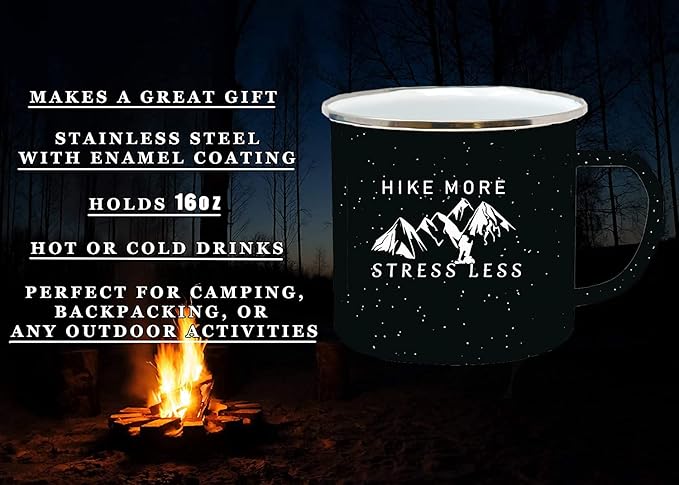 Rogue River Tactical Funny Black Large Camp Mug Enamel Camping Coffee Cup Gift Hike More Stress Less Camping Gear