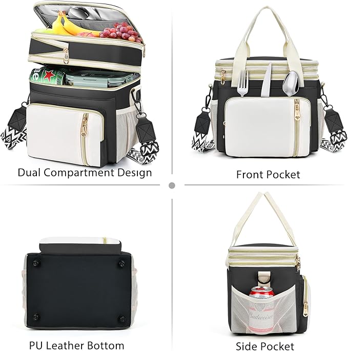 LOKASS Lunch Box for Men/Women-16L-Insulated Lunch Bag, Expandable Double-Layer Leakproof Cooler Bag with Upgrade Adjustable Shoulder Strap Ideal for Work/Travel/Picnics（Black&White）