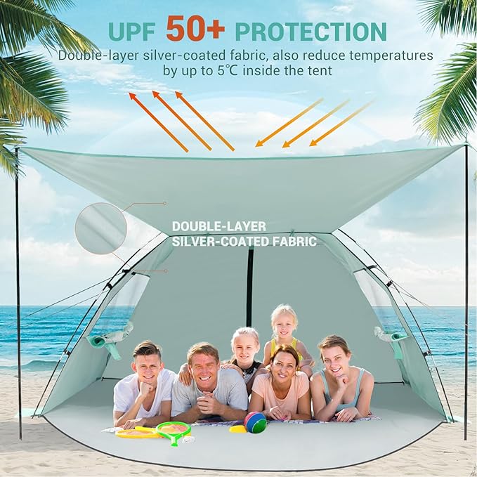Elegear Beach Tent Sun Shelter with Canopy, 6-8 Person Pop Up Beach Tent, Easy Setup UPF 50+ UV Protection Portable Lightweight Double Silver Coating Beach Cabana Sun Shade Shelter - Green