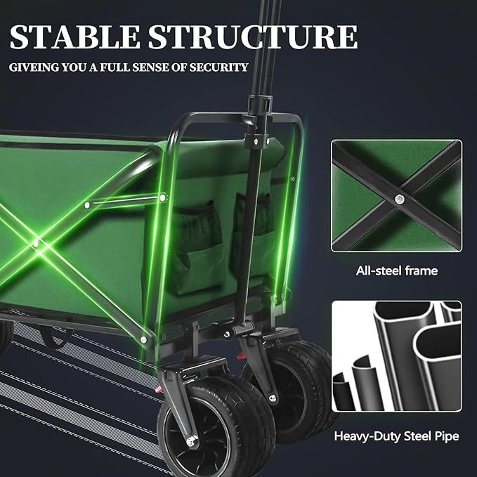 Collapsible Wagon Foldable Cart Heavy Duty, Large Capacity Grocery Beach Wagon for Camping Shopping, Green