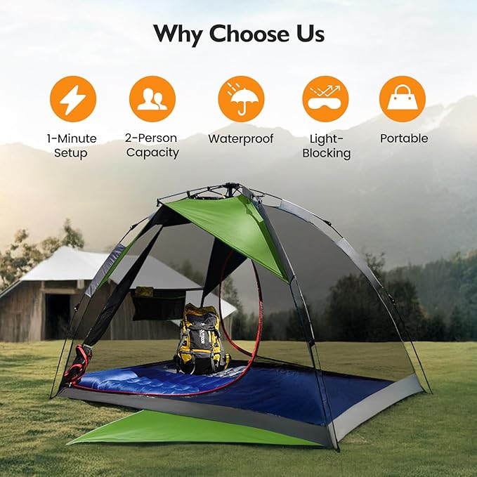 Camping Tent 2 Person, Waterproof & Blackout Double Layer Pop Up Outdoor Tent for Park, Picnic, Travel, Portable and Easy Setup