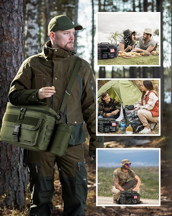 JOYHILL Tactical Lunch Box for Men, Insulated Lunch Bag with Detachable Bottle Pouch Holder, Medium Durable Thermal Cooler Bag,Modern Leakproof Bag for Work, Camping, Picnic,Green,13L/18 Can