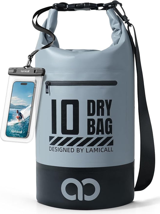 Lamicall Dry Bag Waterproof Backpack - [Zippered Pocket] 10L/20L Roll Top Waterproof Bag with Water proof Phone Case, Floatable Drybag for Swimming, Boating, Kayaking, Camping, Beach