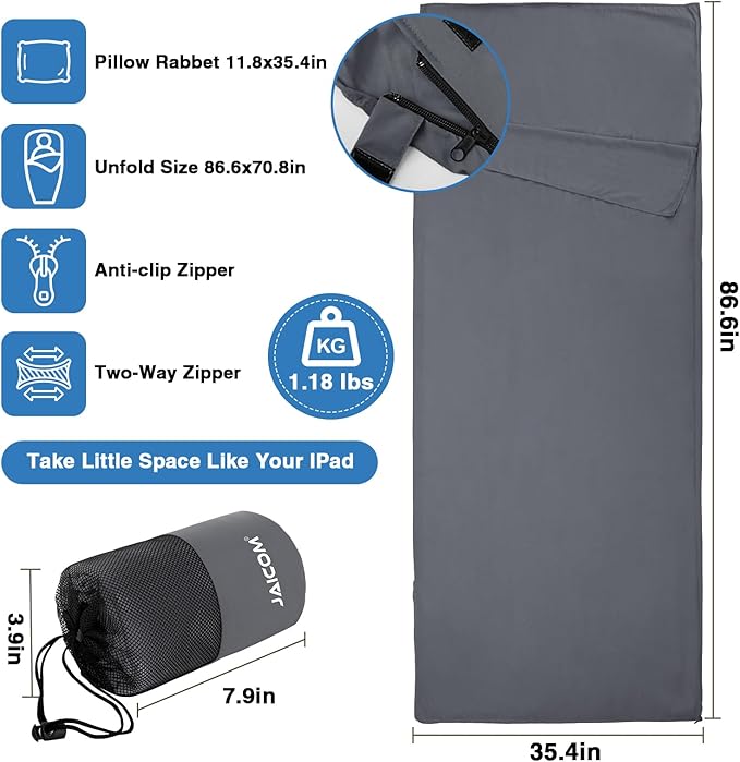 Sleeping Bag Liner, Travel Sheets & Adult Sleep Sack, Ultralight and Portable Summer Sleeping Bag - Ideal for Backpacking, Hotels and Hostels, Business Trips, Camping