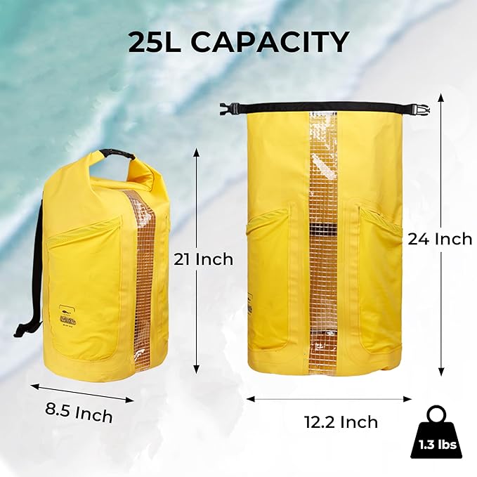 Waterproof Floating Dry Bag for Men Women - 25L Waterproof Backpack with Side Pockets - Roll Top Sack Keeps Gear Dry for Kayaking, Rafting, Boating, Swimming, Camping, Beach, Fishing