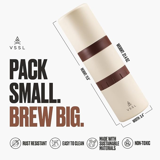 Nest Pour Over Coffee Kit | Coffee Maker for Camping | All-In-One Travel Pour Over | Transportable Dripper, Two 10oz Stainless Steel Travel Mugs | Compact Storage & Adventure Ready | Cream