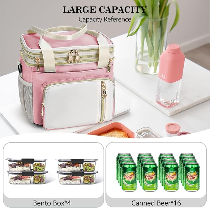 LOKASS Lunch Box for Women-16L-Insulated Lunch Bag Women, Expandable Double-layer Leakproof Cooler Bag with Upgrade Adjustable Shoulder Strap Ideal for Work/Travel/Picnics（Pink&White）