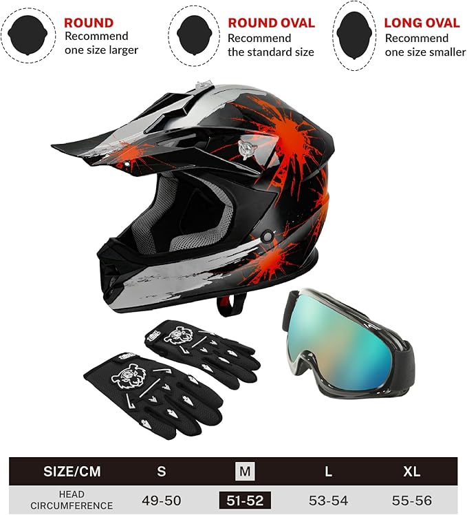 TCT-MOTORPARTS DOT Youth Kids Motocross ATV Helmets Offroad Street Dirt Bike Go-Kart BMX MX Full Face Helmet Black w/Red Fireworks Medium Size