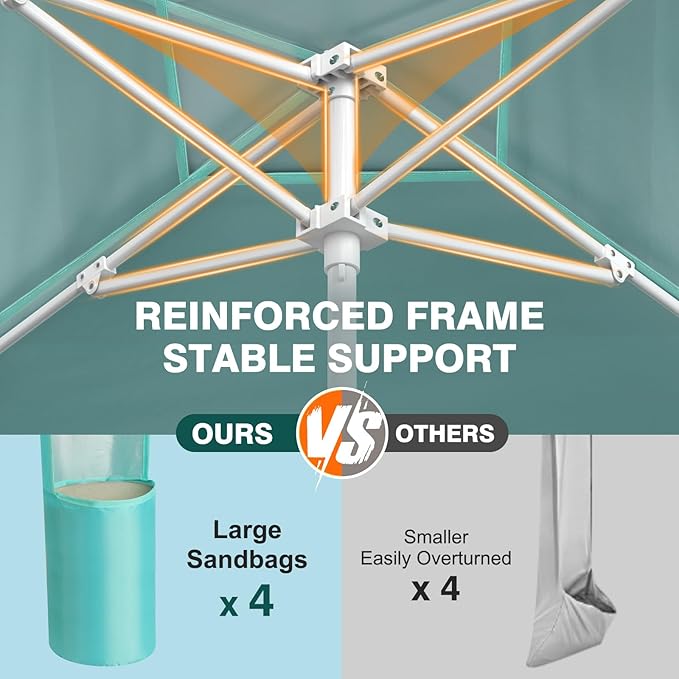 Rhino Valley Beach Cabana, 8 × 8FT Foldable Beach Tent with Cup Holder, Beach Canopy Easy Setup with UPF50+ Protection, Windproof Stable Beach Tent, Portable Beach Cabana Tent for Beach Camping