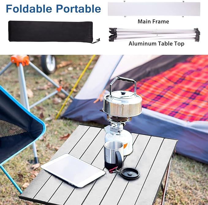Tesouro Portable Camping Table,Folding Side Table Aluminum Top for Outdoor Cooking, Hiking, Travel, Picnic (Large, Sliver)