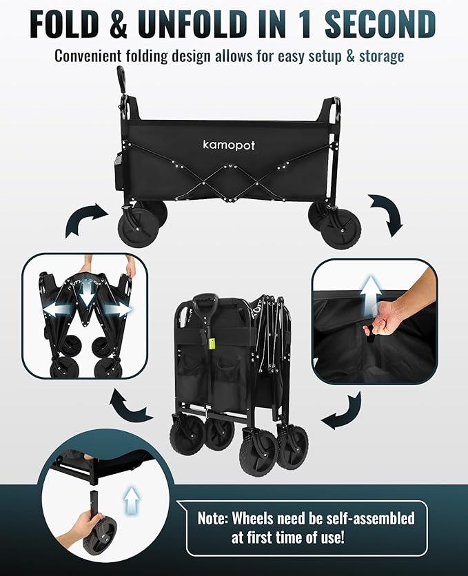 Large Collapsible Wagon Foldable for Grocery, Beach, Park, Yard, 34" x 18" Inner Storage. 300lb Heavy Duty Folding Utility Cart on Wheels w/Cupholders