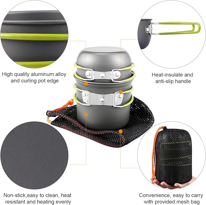 G4Free 2/4/13 PCS Camping Cookware Mess Kit Hiking Backpacking Picnic Cooking Bowl Non Stick Pot Knife Spoon Set