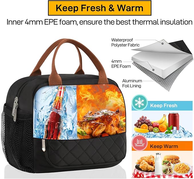 Buringer HOMESPON Lunch Bag for Woman Man Adults with Front Pocket Insulated Lunch Tote Lunch Box Container for Work Picnic or Travel (Black with Side Pockets)