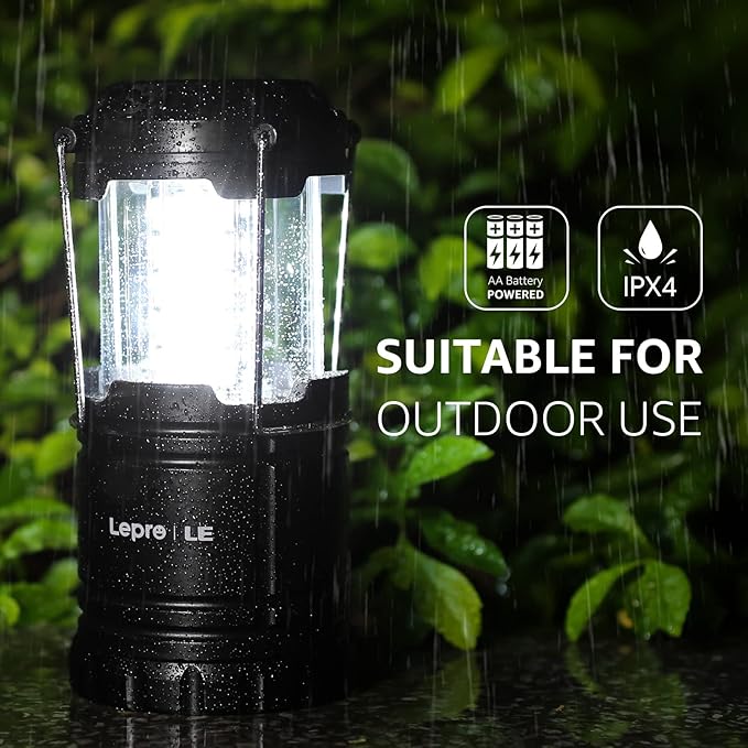 Lepro LED Camping Lantern, Super Bright, Battery Powered, IPX4 Water Resistant, Portable Emergency Lights for Hurricane, Storms, Outages, Collapsible, 2 Packs