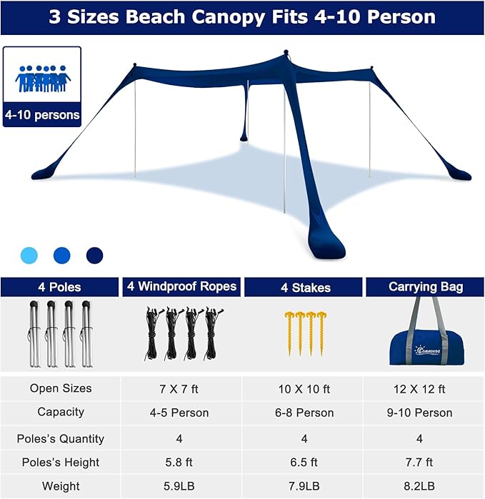COMMOUDS Beach Tent Sun Shelter - UPF50+ Pop Up Beach Canopy with Sandbags & Sand Shovel & Windproof Poles, Portable Sun Shade for Beach, Camping, Picnics, Backyard