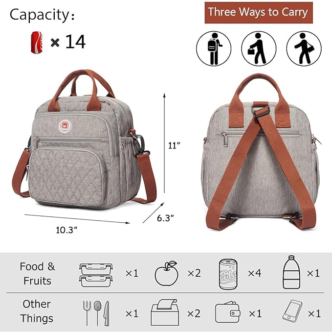 Insulated Lunch Bag Rucksack for Women/Men, 3 carrying way Lunch Tote, Large Waterproof Cooler Box with Side pockets for Adults, Work, Beach, Picnic, Grey